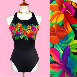 New! True Vintage🌸80s/90s Rainbow Hawaiian Floral One Piece Swimsuit!
